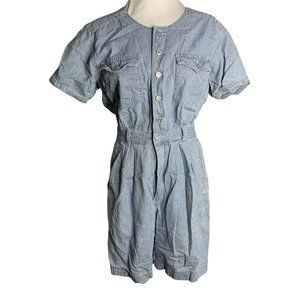 Vintage Gloria Vanderbilt Denim Romper M Blue Striped Buttons Pockets Elastic